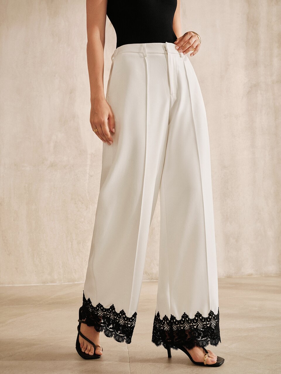 Anewsta Women's Modern French Elegant Loose Versatile Commute Brunch Office Patchwork Contrast Color Ruffle Drape Straight Leg Pants White And Black Autumn