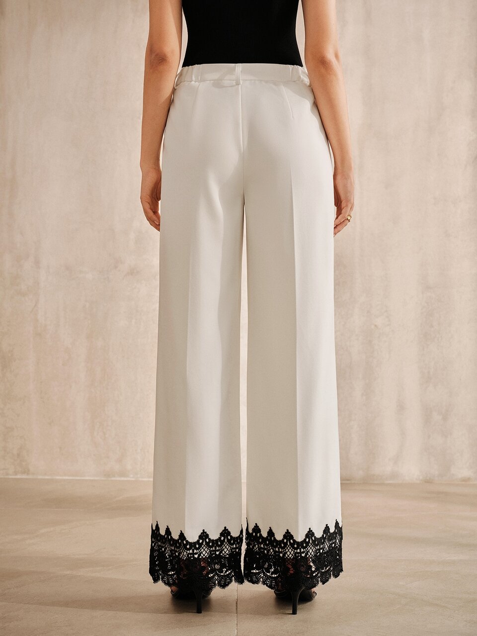 Anewsta Women's Modern French Elegant Loose Versatile Commute Brunch Office Patchwork Contrast Color Ruffle Drape Straight Leg Pants White And Black Autumn