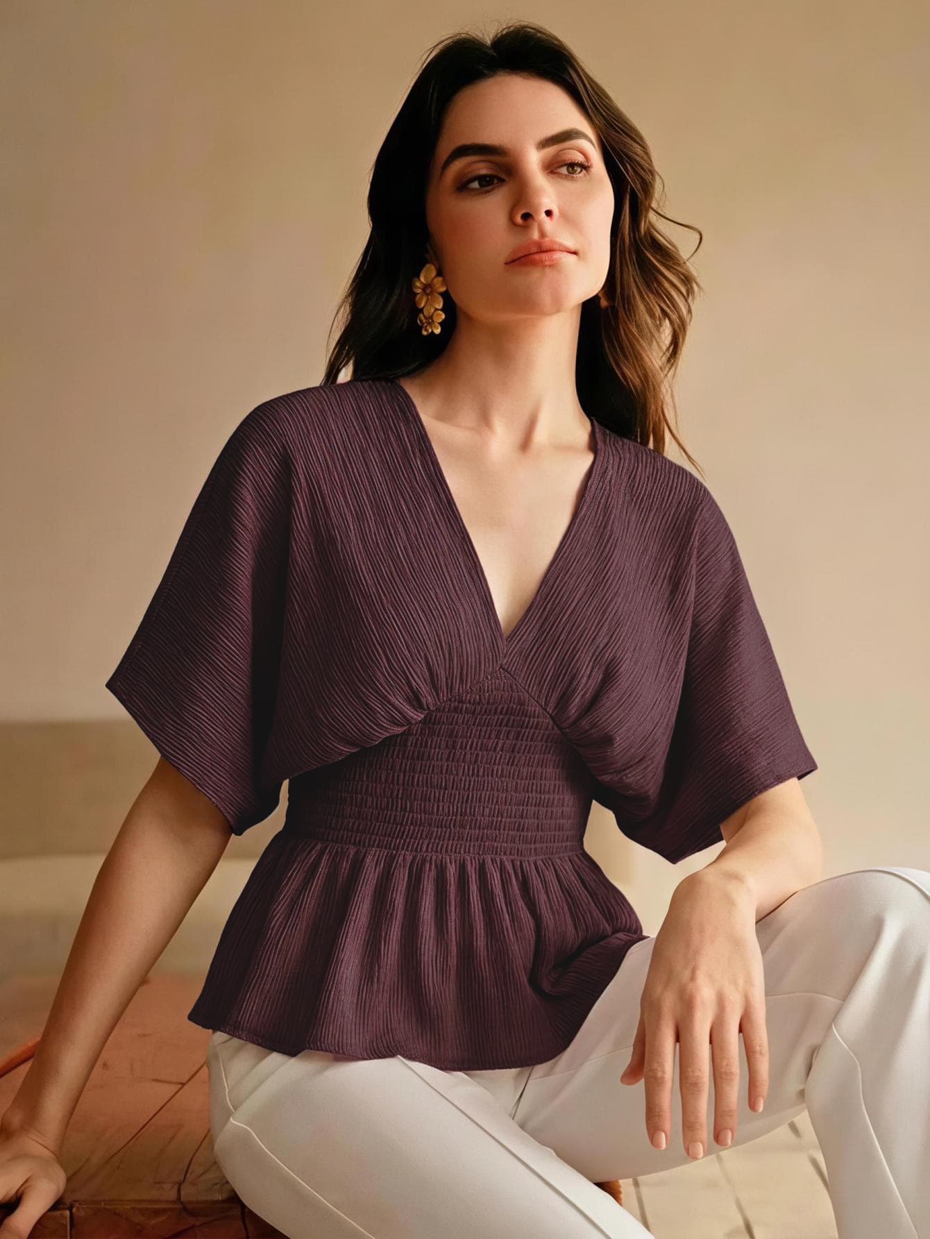 Women's Summer Shirred Blouse With Ink Painting Print, 3D Pleated Textured Fabric, Vintage Elegant Style, Shirred Waist