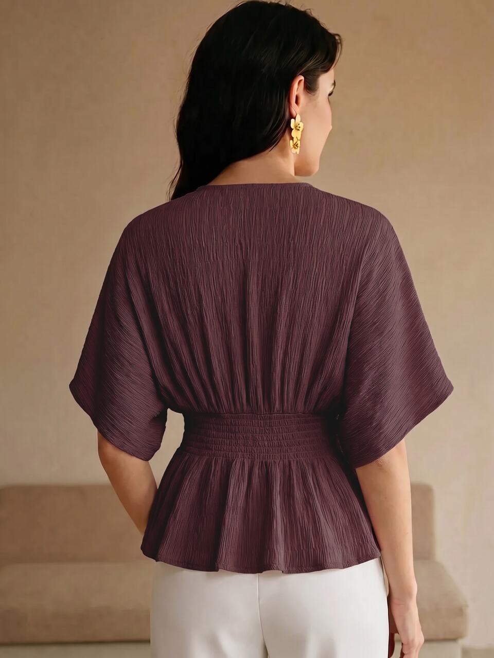 Women's Summer Shirred Blouse With Ink Painting Print, 3D Pleated Textured Fabric, Vintage Elegant Style, Shirred Waist