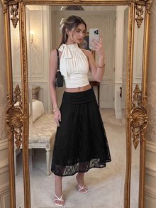 SHEIN MOD 女款蕾絲拼接休閒百搭日常裙 - 黑色 - 查看 4