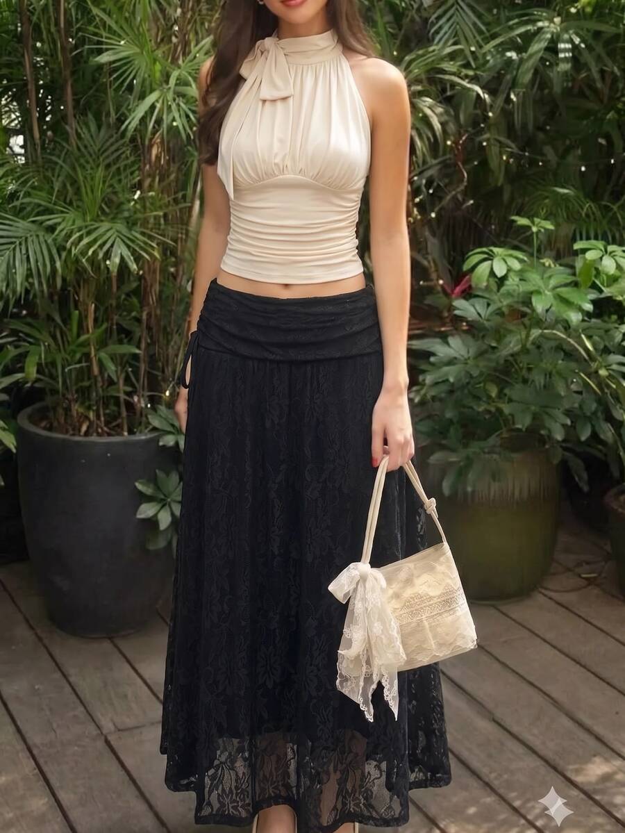 SHEIN MOD 女款蕾絲拼接休閒百搭日常裙 - 黑色 - 查看 1