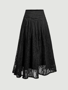 SHEIN MOD 女款蕾絲拼接休閒百搭日常裙 - 黑色 - 查看 8