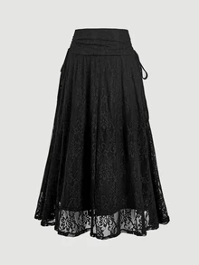 SHEIN MOD 女款蕾絲拼接休閒百搭日常裙 - 黑色 - 查看 5