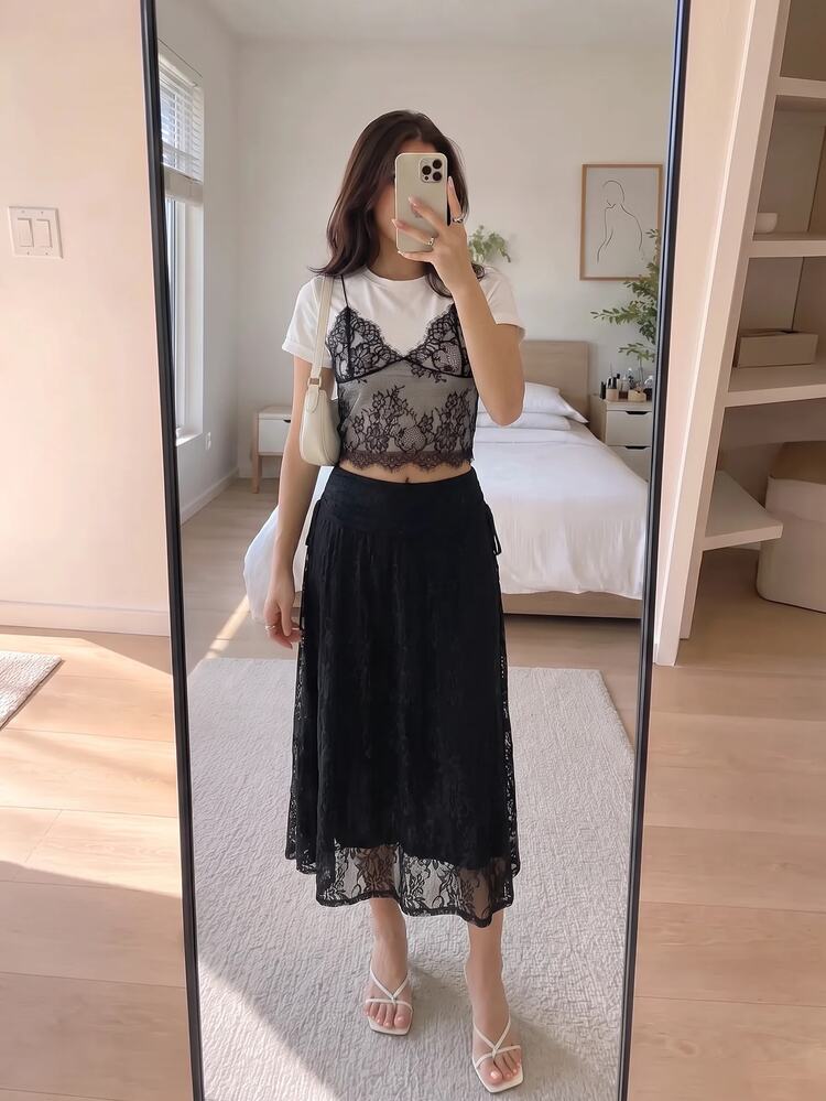 SHEIN MOD تنورة نسائية كاجوال متعددة الاستخدامات يومية بتصميم رقعات دانتيل - الأسود - مشاهدة 3