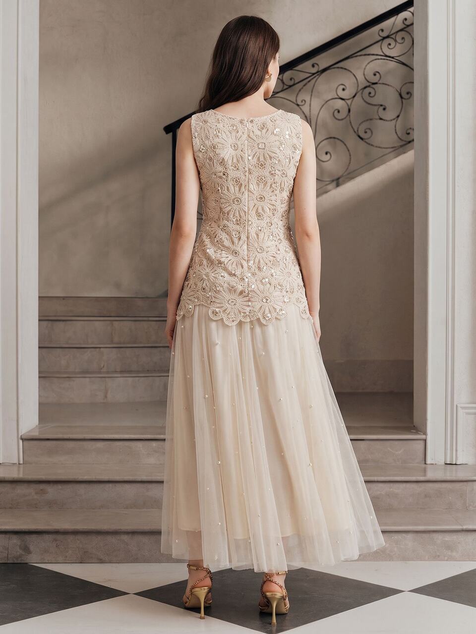 Anewsta Spring/Summer New Elegant Fashion Sequin Hollow Contrast Mesh Beaded Long Dress