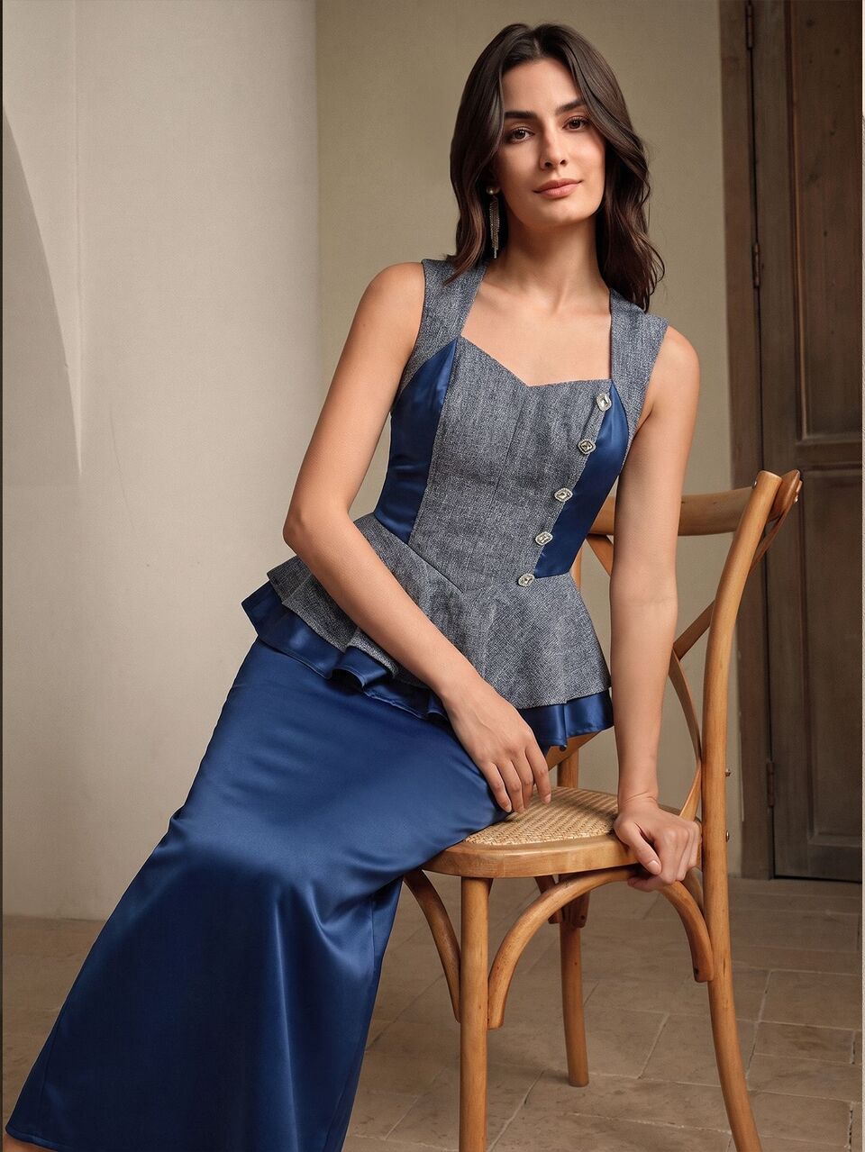Savoree Spring Summer Blue Grey Patchwork Ruffle Hem Cinched Waist Office Brunch Tea Party Commute Casual Elegant Business Date Women's Dress