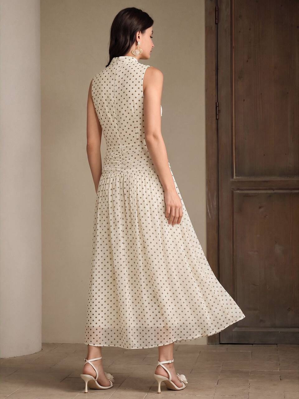 Anewsta Women's New Elegant French Fashion Design Brown And White Polka Dot Print Dress, Suitable For Casual Outings, Commuting, Office Brunch Tea Party