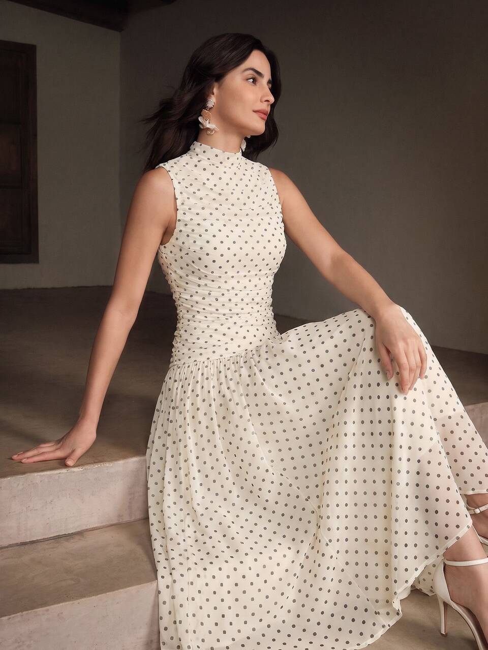 Anewsta Women's New Elegant French Fashion Design Brown And White Polka Dot Print Dress, Suitable For Casual Outings, Commuting, Office Brunch Tea Party
