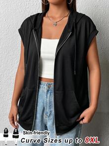 SHEIN CURVE+ Plus Size Casual Autumn Zip-Up Drawstring Hooded Sweatshirt, Winter 2026 22W - Black - View 4