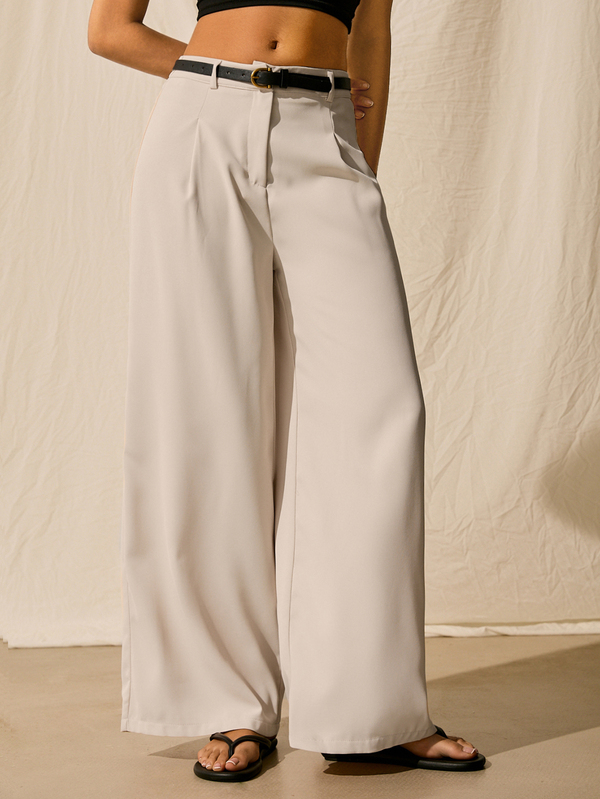 SHEIN EZwear Pantalones anchos casuales y para ir al trabajo de mujer con cintura alta plisada y cinturón en beige