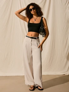 SHEIN EZwear Women's Pleated High Waist Belted Wide Leg Casual & Commuting Pants In Beige - Beige - View 5