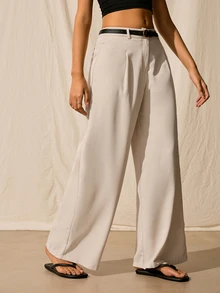 SHEIN EZwear Women's Pleated High Waist Belted Wide Leg Casual & Commuting Pants In Beige - Beige - View 4
