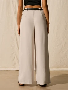 SHEIN EZwear Women's Pleated High Waist Belted Wide Leg Casual & Commuting Pants In Beige - Beige - View 2