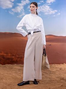 SHEIN EZwear Women's Pleated High Waist Belted Wide Leg Casual & Commuting Pants In Beige - Beige - View 7