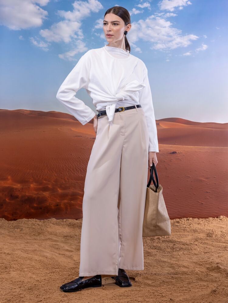 SHEIN EZwear Women's Pleated High Waist Belted Wide Leg Casual & Commuting Pants In Beige - Beige - View 7