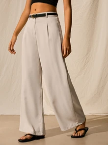 SHEIN EZwear Women's Pleated High Waist Belted Wide Leg Casual & Commuting Pants In Beige - Beige - View 3