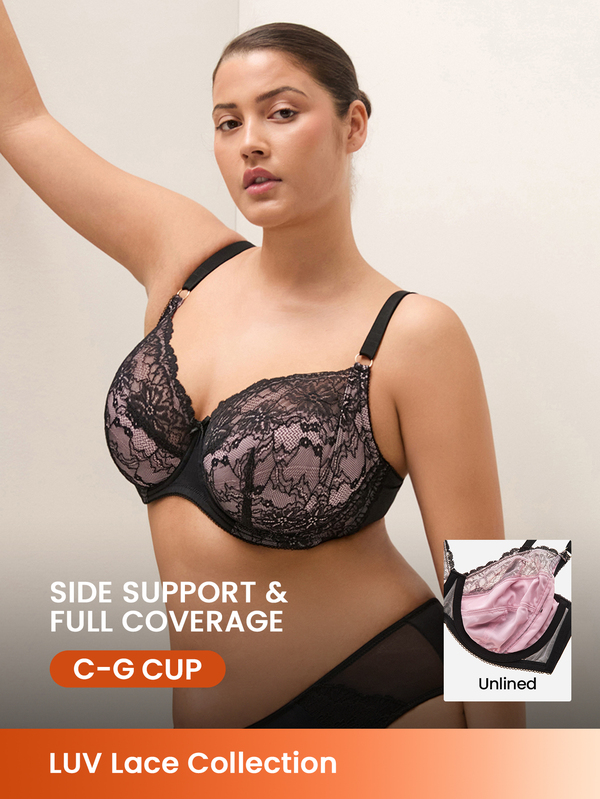 LUVLETTE Plus Woman Full Coverage Lingerie Curve Support & Breathable Underwire Sexy Unlined Minimizer Lace Elegance Bra Black Bridal Intimates
