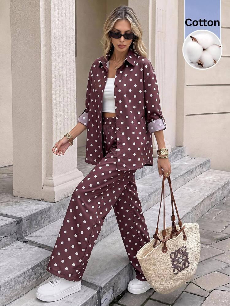 Serisse Autumn Polka Dot Women's Long Sleeve Shirt And Wide Leg Pants 2 Pieces Set,Fall/Winter Elegant Formal Business Chic Back To School Homecoming - Brown - View 4