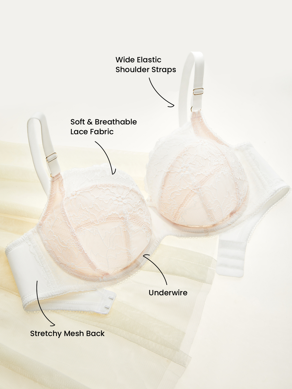 Reggiseno da donna taglie forti con copertura completa, supporto per curve, traspirante, con ferretto, sexy, senza imbottitura, effetto minimizer, in pizzo elegante, bianco romantico, intimo da sposa