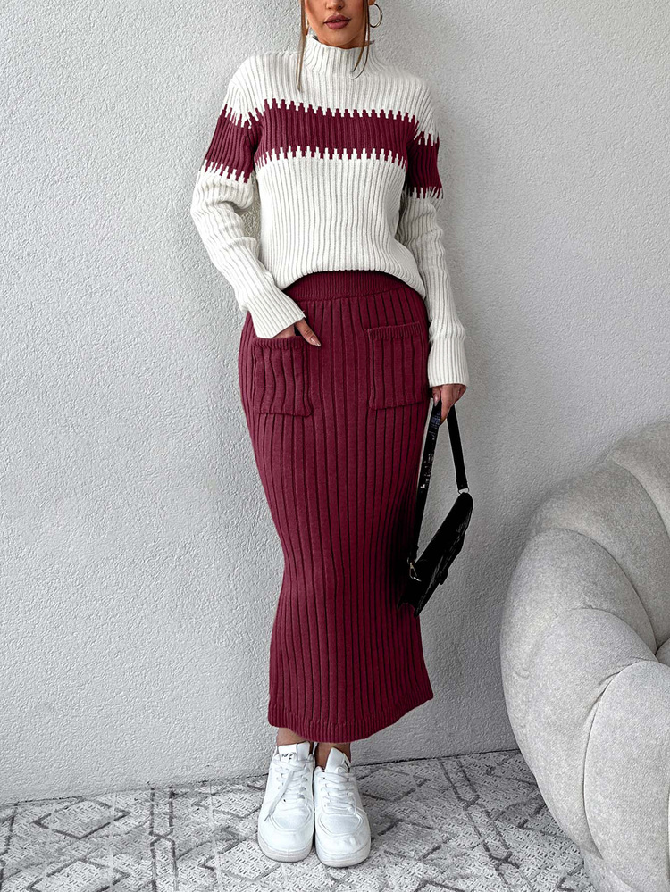 EURMUSE 2pcs/Set Women's Casual Color Block Stand Collar Sweater & Knitted Skirt Set, Autumn/Winter,Petite - Burgundy - View 6