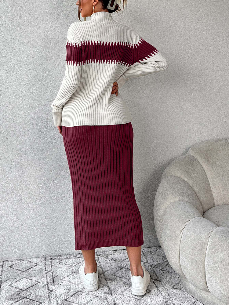 EURMUSE 2pcs/Set Women's Casual Color Block Stand Collar Sweater & Knitted Skirt Set, Autumn/Winter,Petite - Burgundy - View 2