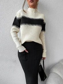 EURMUSE Women's Contrast Color Half Turtleneck Sweater Two Piece Set - Multicolor - View 5
