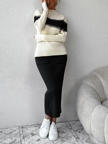 EURMUSE Women's Contrast Color Half Turtleneck Sweater Two Piece Set - Multicolor - View 6