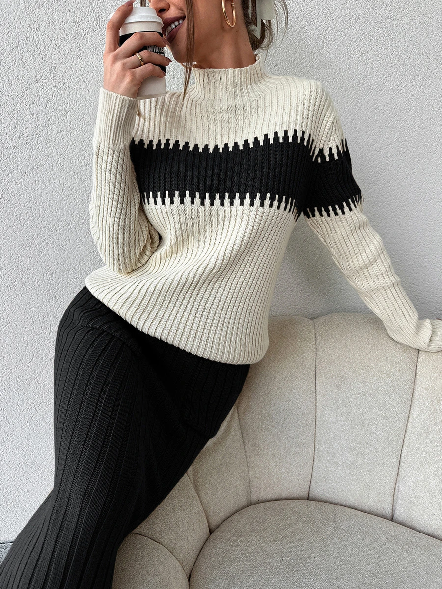 EURMUSE Women's Contrast Color Half Turtleneck Sweater Two Piece Set - Multicolor - View 1