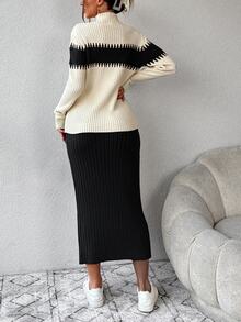 EURMUSE Women's Contrast Color Half Turtleneck Sweater Two Piece Set - Multicolor - View 2