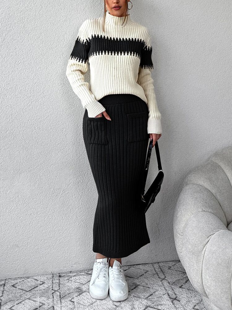 EURMUSE Women's Contrast Color Half Turtleneck Sweater Two Piece Set - Multicolor - View 3