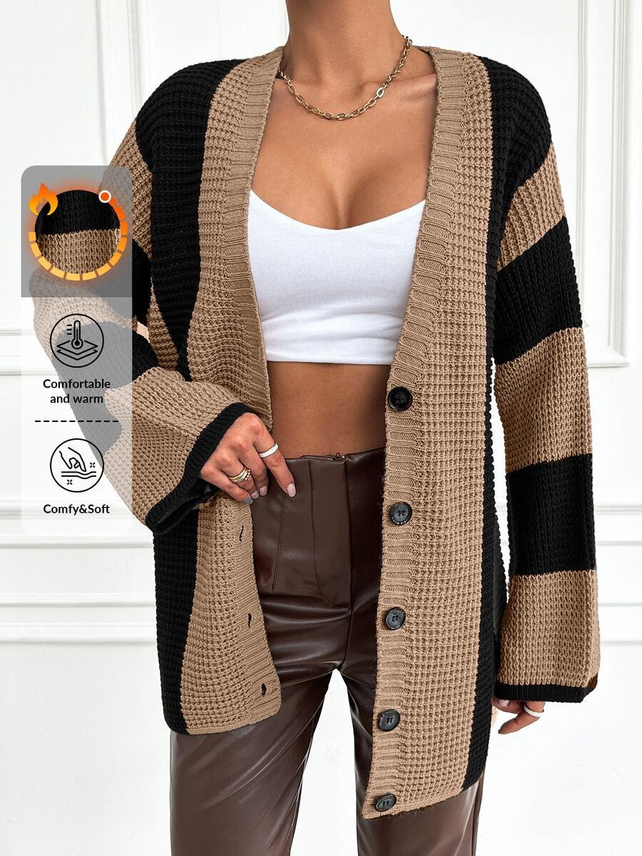 EURMUSE Color Block Striped Cardigan Sweater - Coffee Brown - View 1