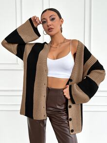 EURMUSE Color Block Striped Cardigan Sweater - Coffee Brown - View 5