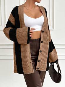 EURMUSE Color Block Striped Cardigan Sweater - Coffee Brown - View 4
