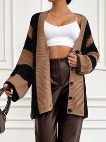 EURMUSE Color Block Striped Cardigan Sweater - Coffee Brown - View 3