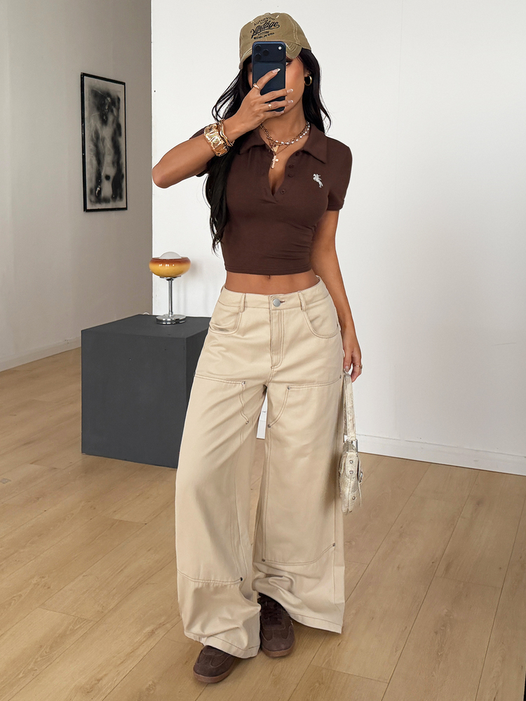 K-Vae Brown Polo Collar Embroidered Short Sleeve T-Shirt - Brown - View 5