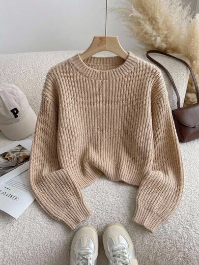 SHEIN Tween Mädchen lockerer Kinder-Schnitt Fleece gefüttert dicker Strick Rundhalsausschnitt Drop-Shoulder Langarm Pullover Herbst Winter Pullover Khaki Schulanfang