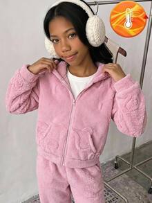 SHEIN 女童秋冬保暖內裡厚絨休閒寬鬆連帽拉鍊外套，附口袋，甜美蝴蝶結設計，粉色女童夾克 - 粉色 - 查看 4