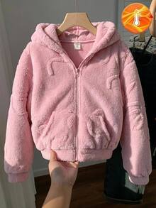 SHEIN 女童秋冬保暖內裡厚絨休閒寬鬆連帽拉鍊外套，附口袋，甜美蝴蝶結設計，粉色女童夾克 - 粉色 - 查看 7