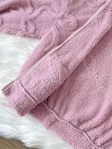 SHEIN 女童秋冬保暖內裡厚絨休閒寬鬆連帽拉鍊外套，附口袋，甜美蝴蝶結設計，粉色女童夾克 - 粉色 - 查看 8