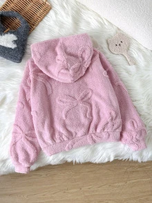 SHEIN 女童秋冬保暖內裡厚絨休閒寬鬆連帽拉鍊外套，附口袋，甜美蝴蝶結設計，粉色女童夾克 - 粉色 - 查看 2