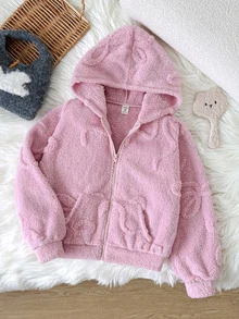 SHEIN 女童秋冬保暖內裡厚絨休閒寬鬆連帽拉鍊外套，附口袋，甜美蝴蝶結設計，粉色女童夾克 - 粉色 - 查看 3