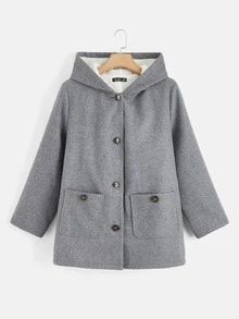 SHEIN EZwear 秋冬季双口袋纽扣连帽外套 - 灰色 - 查看 2