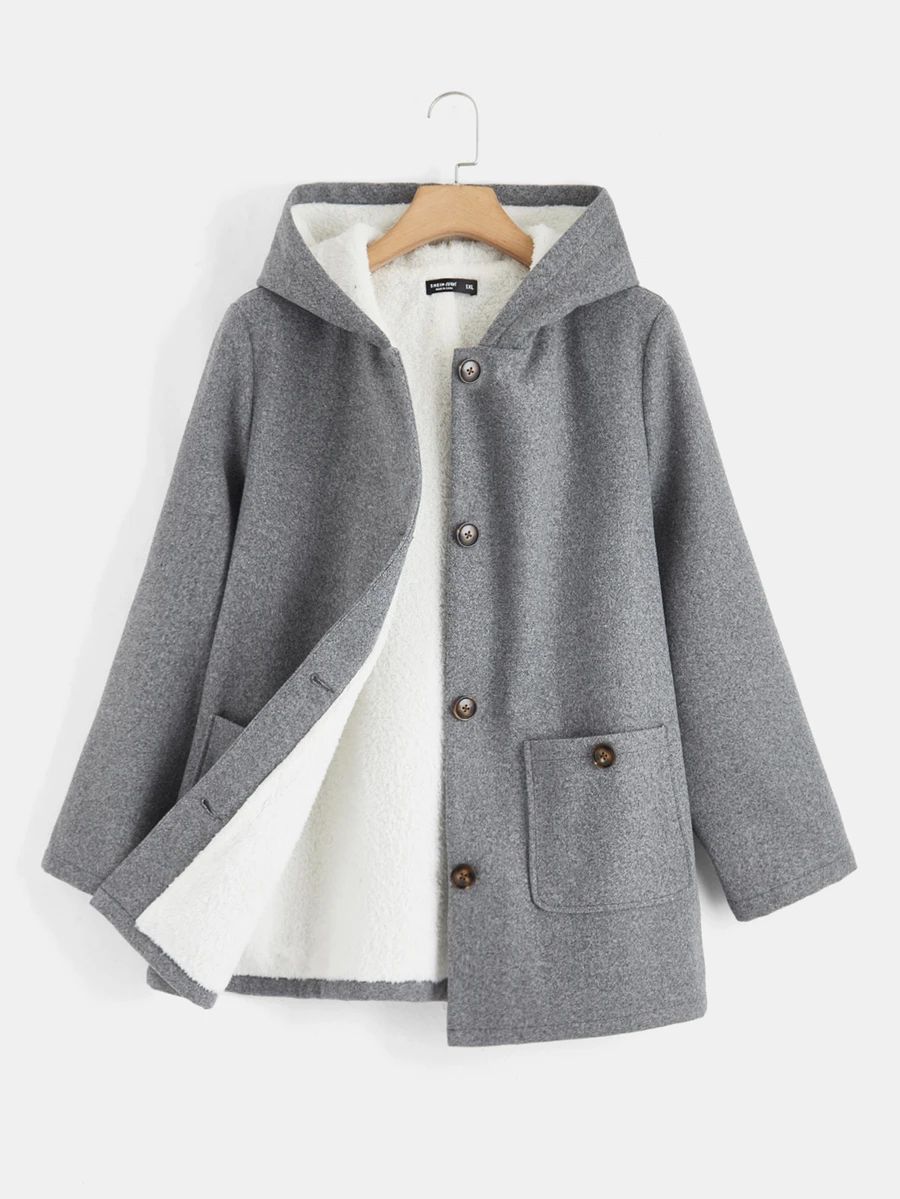 SHEIN EZwear 秋冬季双口袋纽扣连帽外套 - 灰色 - 查看 1
