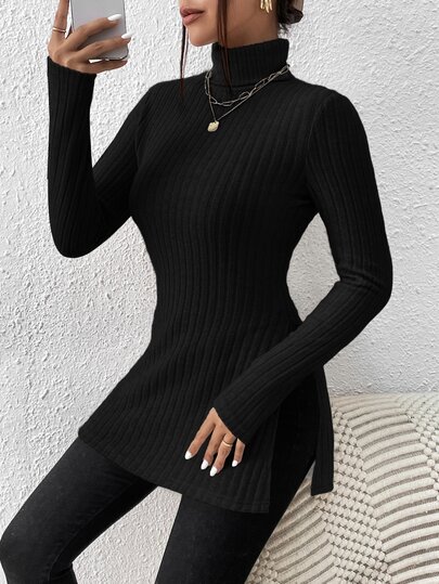 SHEIN Frenchy Camiseta de manga larga de cuello alto, ajustada y acanalada de unicolor