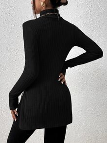 SHEIN Frenchy 纯色高领插肩修身罗纹长袖T恤 - 黑色 - 查看 2