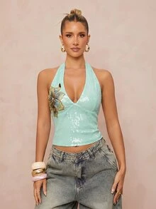 Lumalex Mint Green Sequin Halter Deep V Neck Tie Back Open Back 3D Floral Applique Embroidery Crop Top Summer Dates Party Night Rave Club Night Out Sexy Disco - Green - View 3
