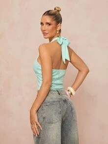 Lumalex Mint Green Sequin Halter Deep V Neck Tie Back Open Back 3D Floral Applique Embroidery Crop Top Summer Dates Party Night Rave Club Night Out Sexy Disco - Green - View 4