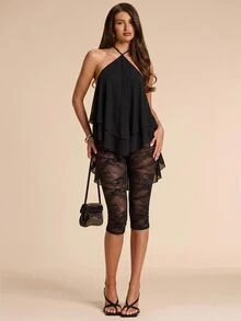 SHEIN BAE Primavera/Verano / Negro / Top de malla asimétrico con cuello halter + Pantalones 3/4 de encaje Conjunto de 2 piezas / Estilo sexy y atrevido adecuado para fiesta, discoteca, uso diario, cita - Negro - Ver 4