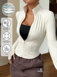 SHEIN EZwear Black Fitted Women's Long-Sleeve Knit Sun-Protection Jacket, Featuring A Vintage Napoleon-Style Print And Pockets. - Apricot - View 7